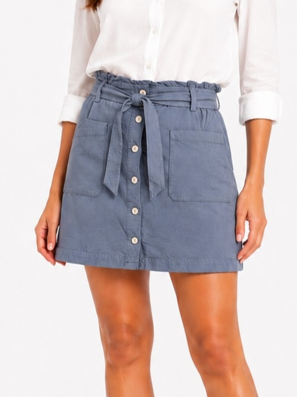 Woven Button-Front Paperbag Waist Skirt - Slate Blue